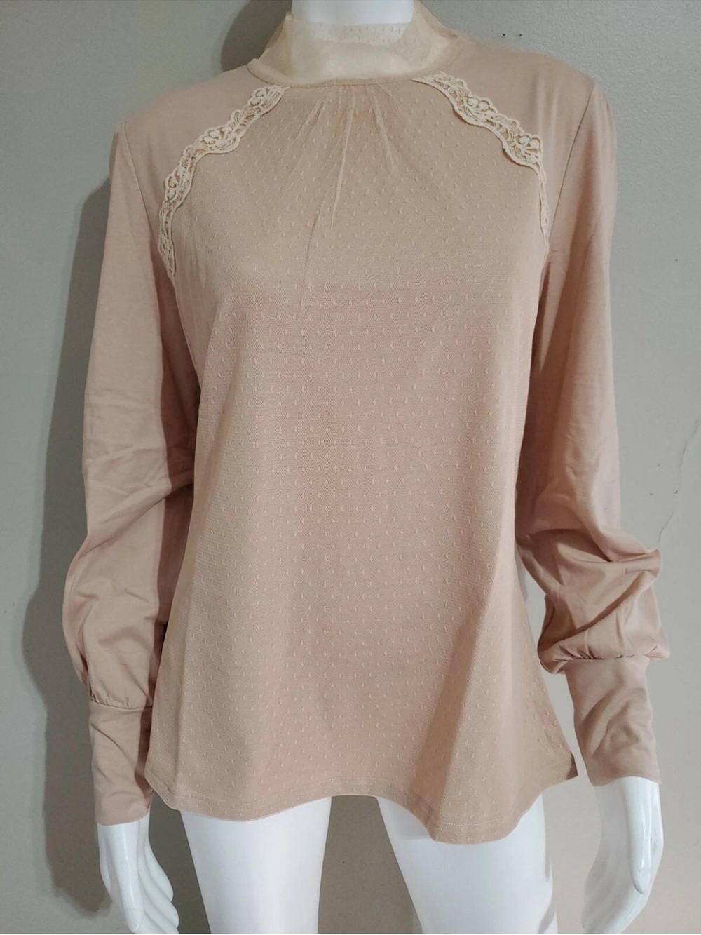 Allegra K Tan Mesh Lace Long Sleeve Top